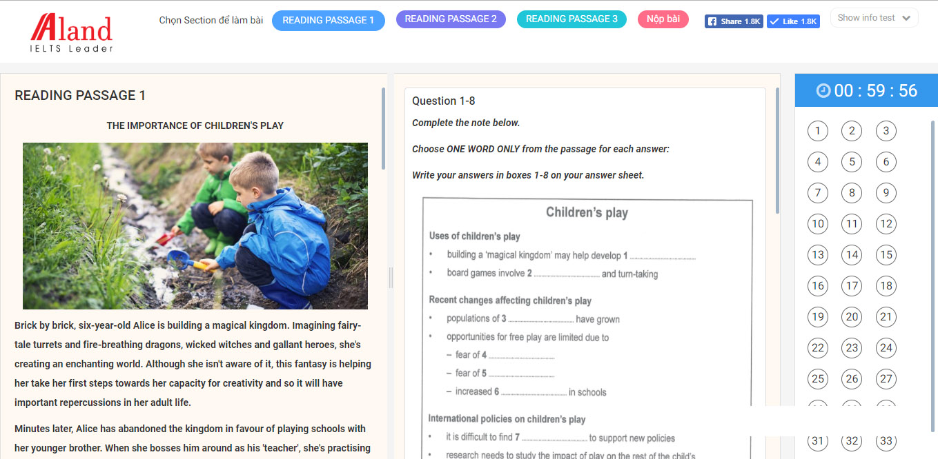 giao diện bài test trên aland ielts