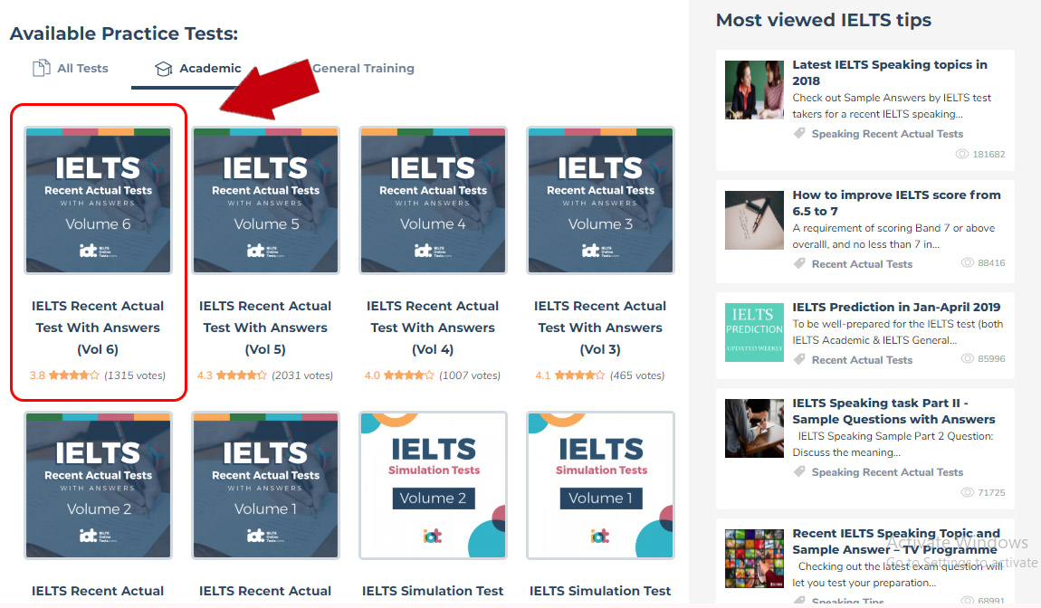 chọn bài thi trên trang ielts online test