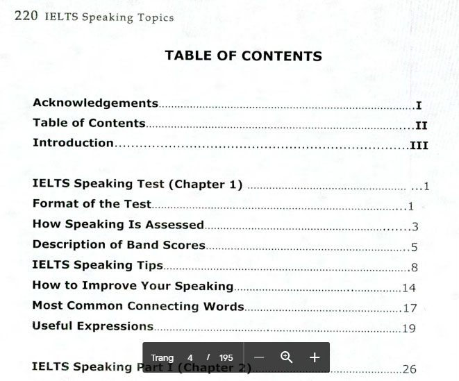 mục lục cuốn 220 IELTS Speaking Topics