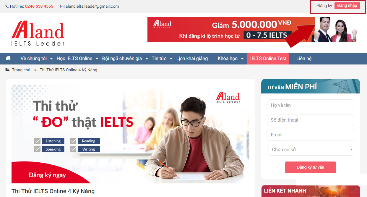 đăng ký tài khoản trên aland ielts