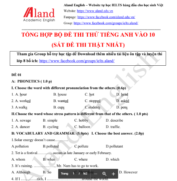 Trọn bộ đề thi thử tiếng Anh vào 10 {Sát đề thi thật nhất}